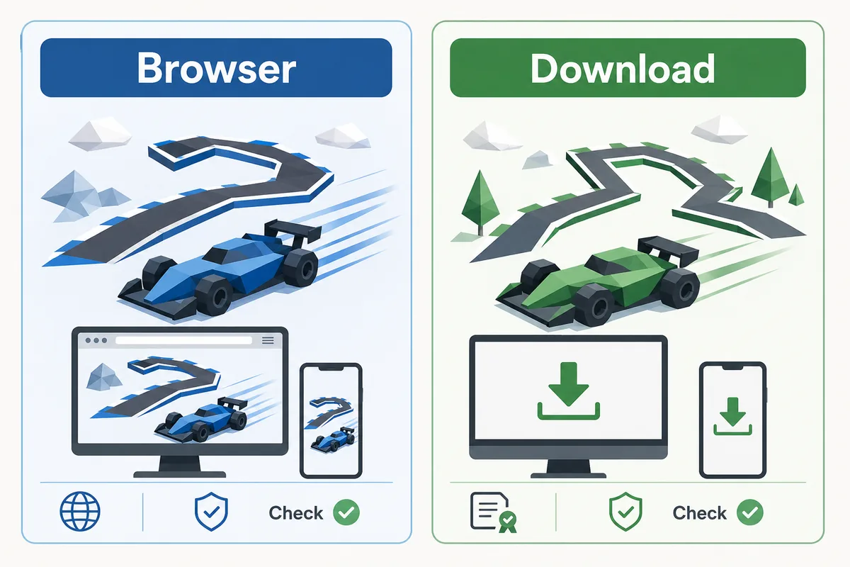 Illustration comparing PolyTrack browser play with official download options