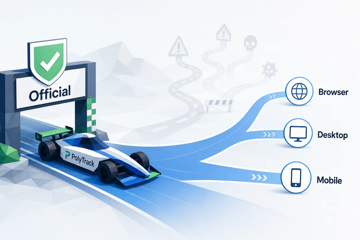 Illustration showing official PolyTrack source checks before desktop and mobile downloads