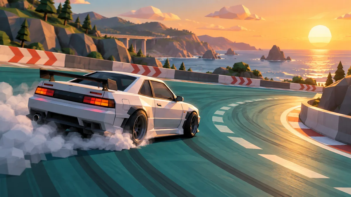 Coche de carreras de estilo low-poly manteniendo un derrape controlado en una horquilla costera