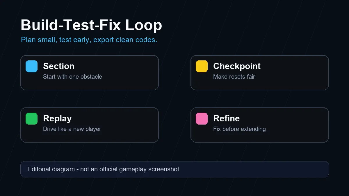 PolyTrack editor workflow diagram for planning, building, testing, and exporting custom tracks