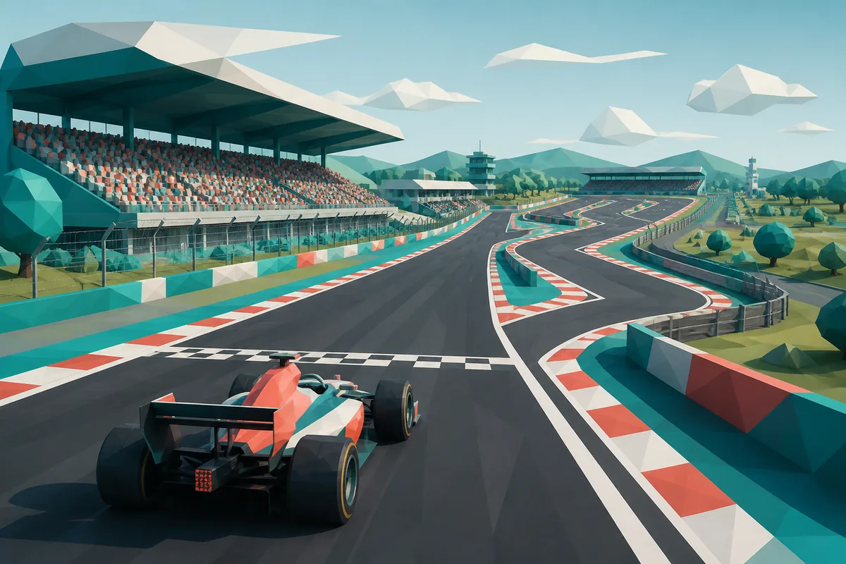 가상의 F1 스타일 서킷으로 달려가는 로우 폴리 레이싱카를 그린 편집용 일러스트