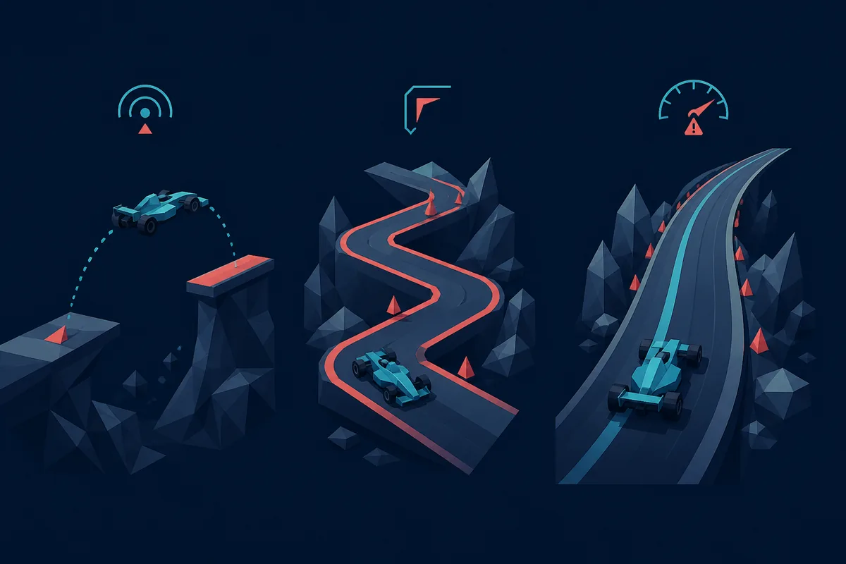 Editorial comparison illustration showing PolyTrack jump precision, technical corners, and high-speed risk