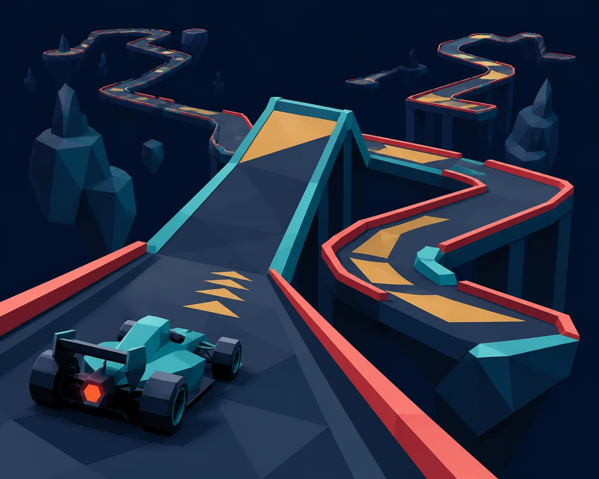 Editorial illustration of a low-poly PolyTrack car approaching an elevated jump and technical corner
