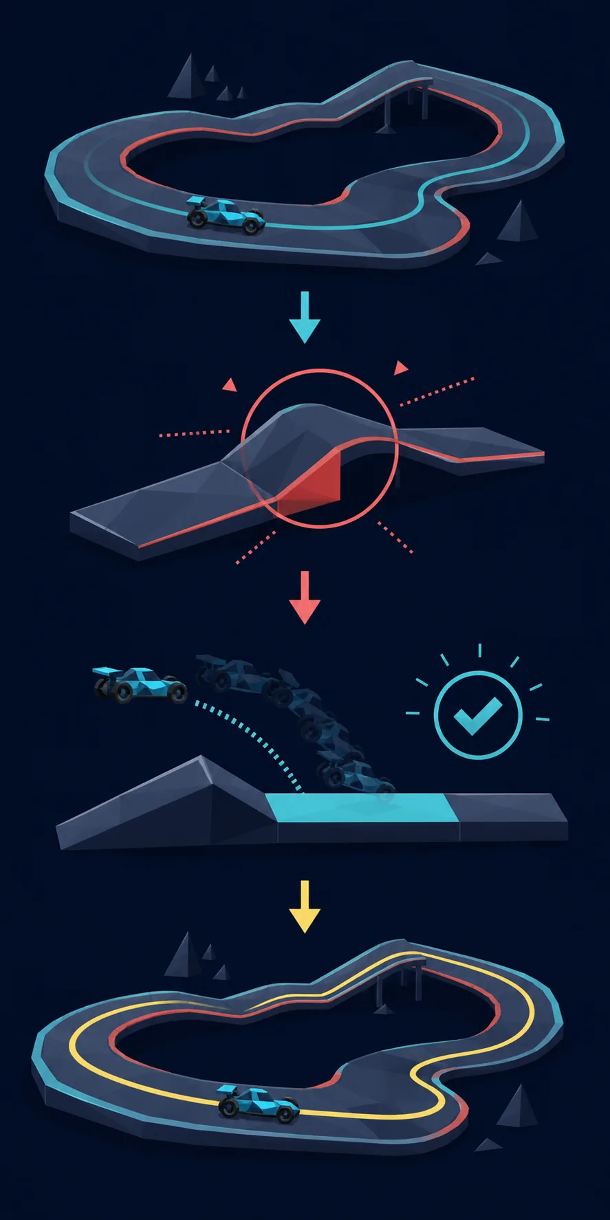 Editorial step-flow illustration showing a PolyTrack baseline lap, obstacle practice, controlled landing, and full run