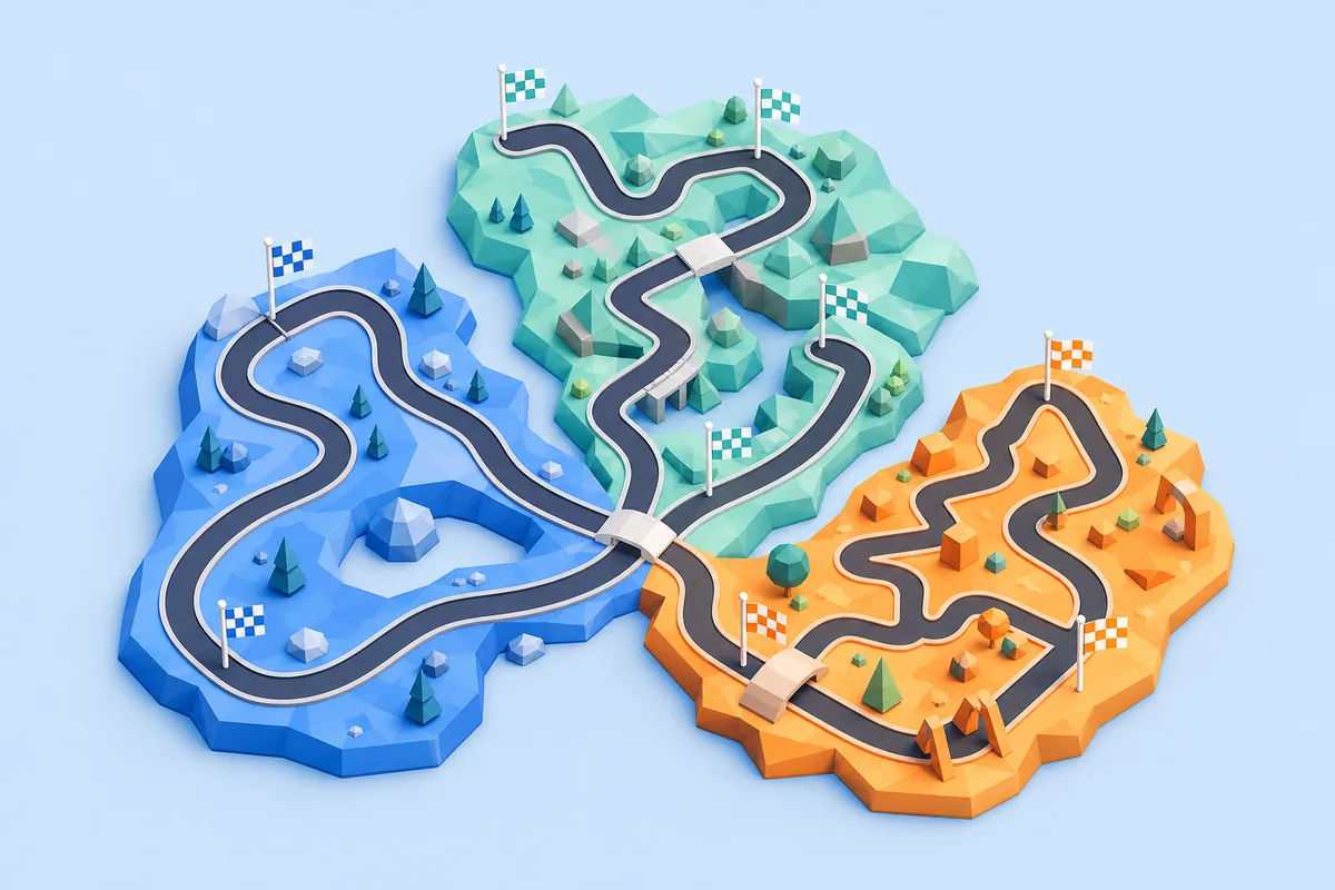 Tre percorsi di mappe PolyTrack con colori, forme di difficoltà e bandiere di checkpoint differenti