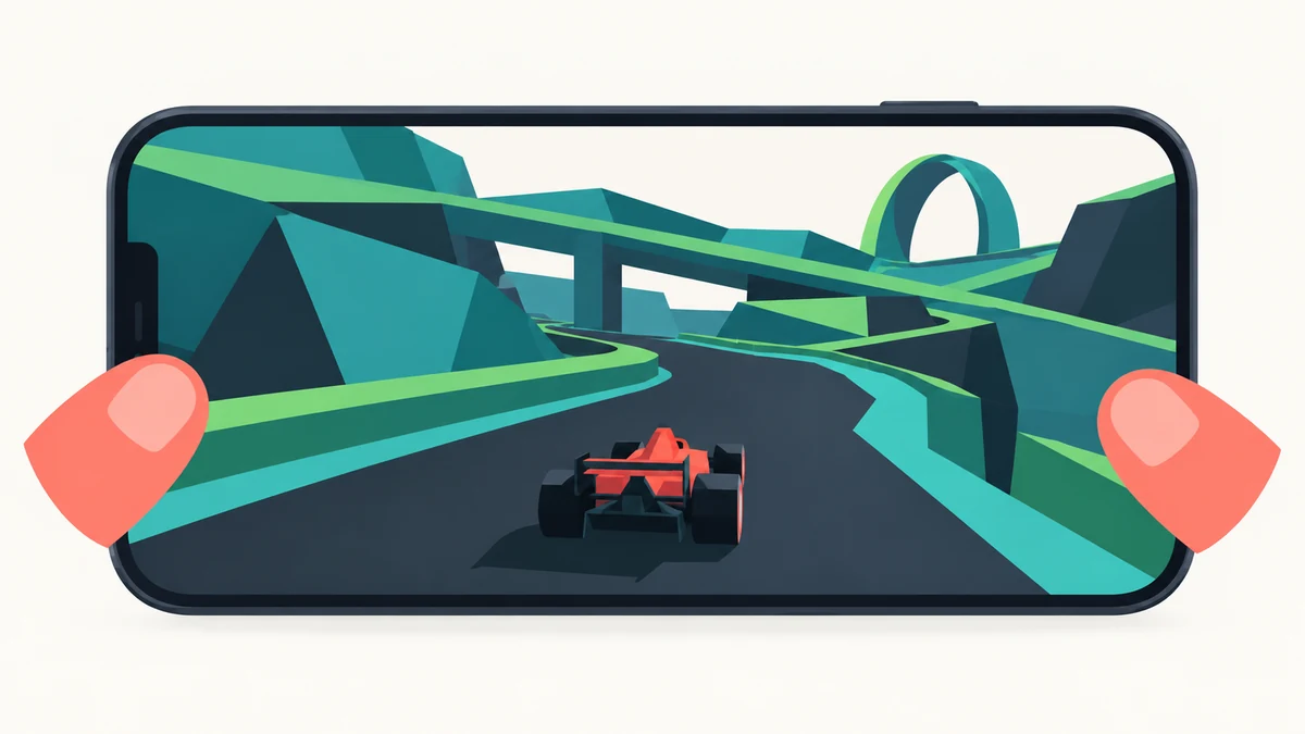 Illustrazione concettuale di un gioco di corse low-poly su telefono con aree touch ai due lati
