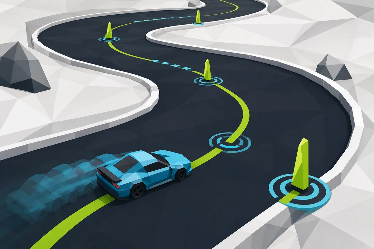 Editorial illustration of a PolyTrack speedrun racing line with checkpoints and a ghost trail