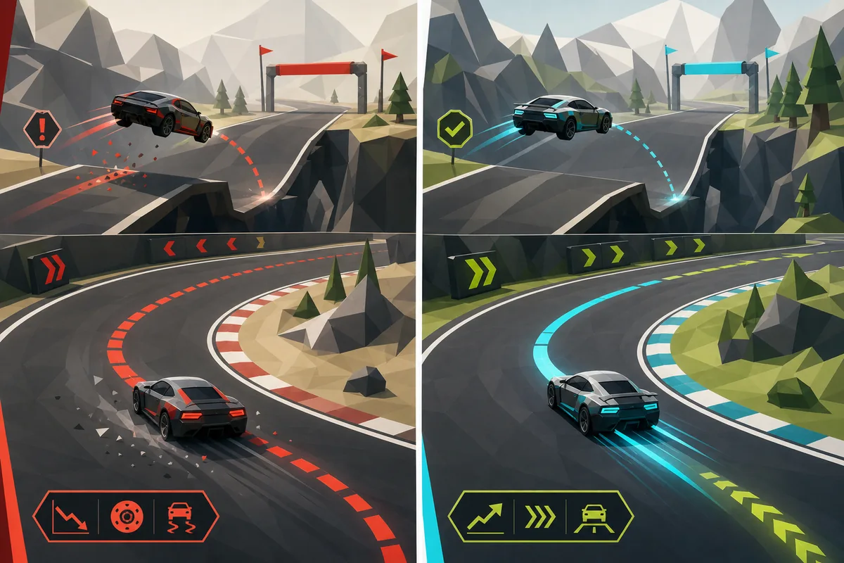 Comparison illustration of a rough PolyTrack speedrun line versus a smoother faster line