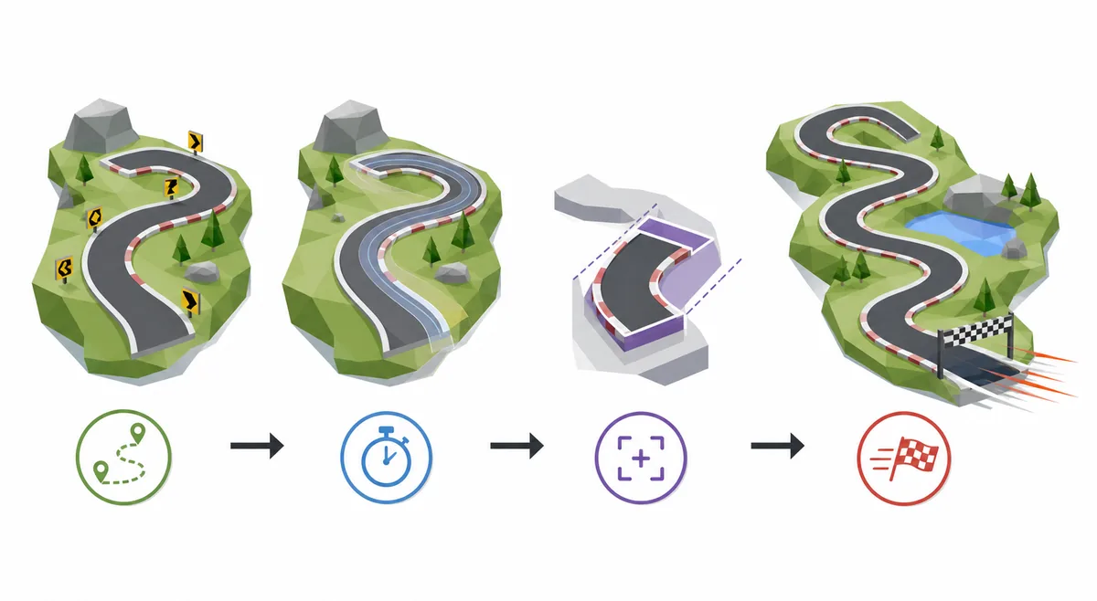 Editorial flow diagram for learning route, setting ghost, isolating section, and running a full PolyTrack attempt